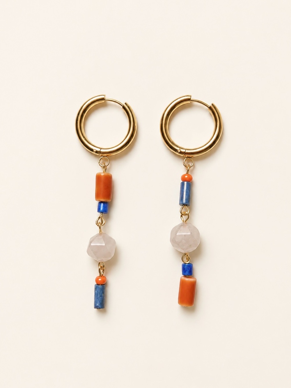 Gold Hoop Earrings with Blue, Orange & White Bead Drops
